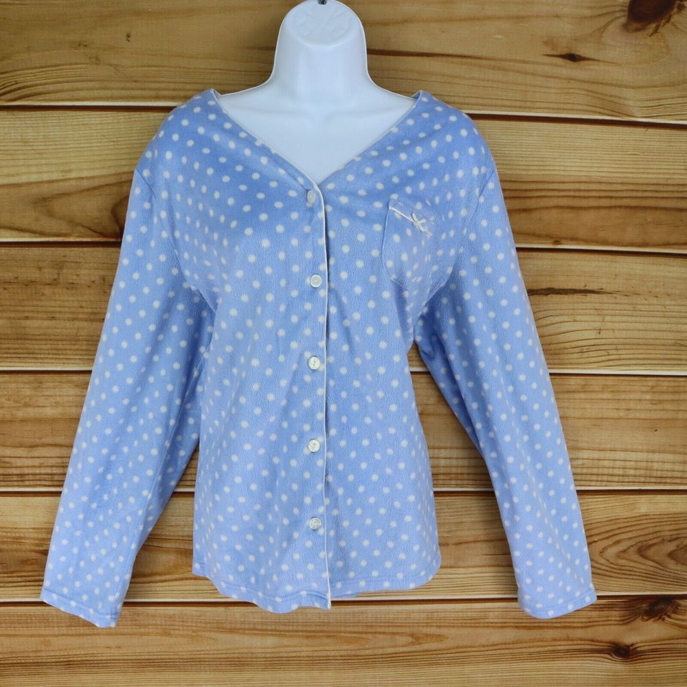 Croft & Barrow Intimates Pajama Top Womens Sz XL Blue White Polka Dots Faux Fur